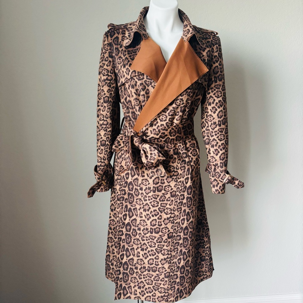 Few Moda New York Faux Suede Brown Leopard Tie Waist Tench Coat Women's Size M